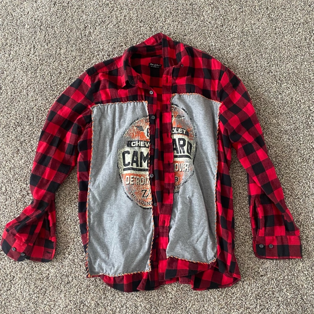 Red plaid flannel with chevrolet print
